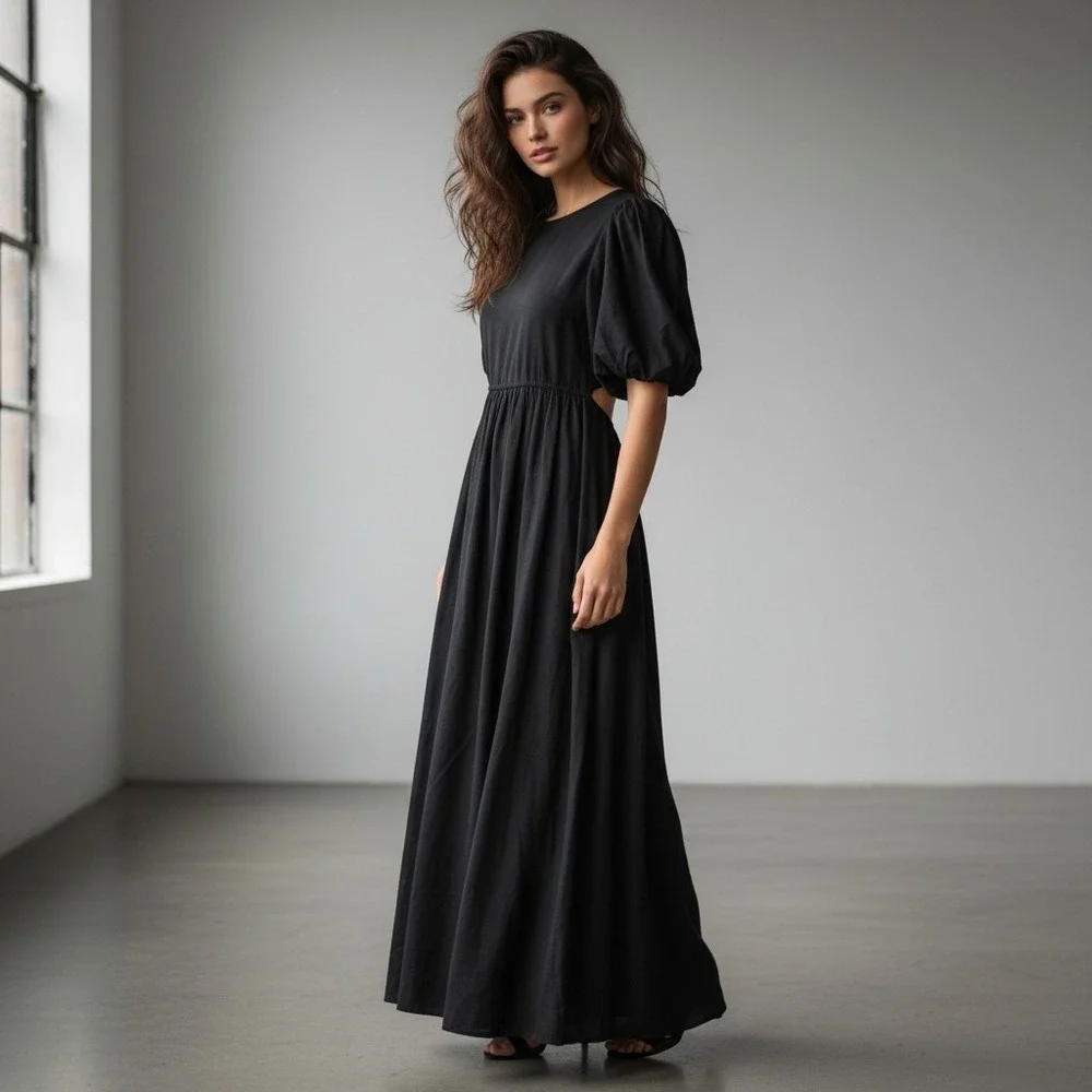 Beach Riot Black Viscose Linen Open Back Puff Sleeve Maxi Dress Size Medium